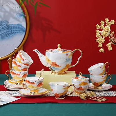 China New stocked Chinese luxury bone china coffee cup and saucer set household cup teapot ceramic coffee set for sale