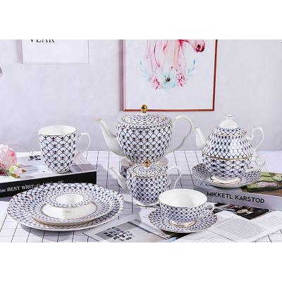 China Viable modern European style fine exquisite blue tea set porcelain tea coffee set bone china tea set for sale