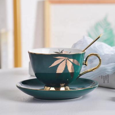 China Nordic Style Viable Green Leaf Style New Porcelain Couples Coffee Cup Gift Ceramic Cup And Saucer Set for sale