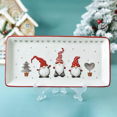 China Stocked Christmas Rectangular Dish Nordic Ceramic Flat Plate Embossed Shallow Dish for sale