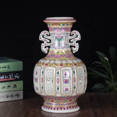 China New retro porcelain stocked pastel hollow binaural bottle in vase ceramic flower arrangement decoration for sale