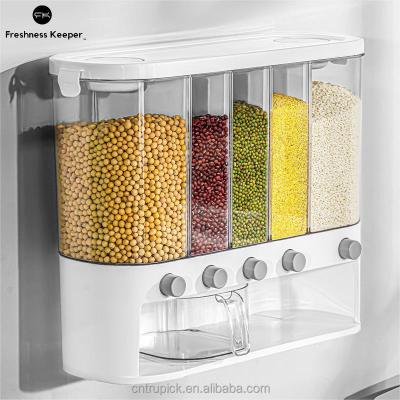 China 5 Grid Wall Mounted Plastic Cereal Dispenser Freshness Keeping Dry Food Rice Dispenser 25 Storage Container Food Cookbooks for sale