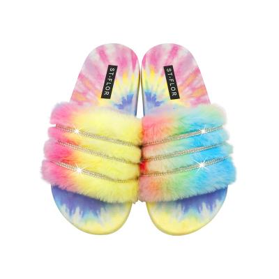 China Fashion Trend Women Indoor Outdoor Slippers Trendy Soft Fur With Diamonds Multi Color Women's Slippers for sale