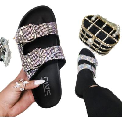 China Independent double button diamond color fashion trend station sandals flat women's slippers for sale