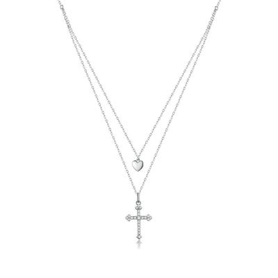 China Trendy 925 Sterling Silver Jewelry Women Multi Layers Heart Cross Pendants Cross Chain Necklace Set for sale