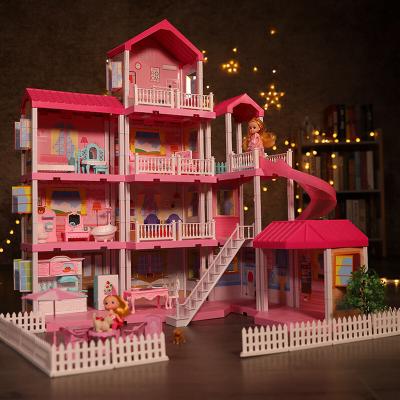 China Cartoon Toy Lovely Dollhouse 4 Floors Mini Doll Houses Furniture Toy Diy 3d Dream Doll House For Girls With Lights for sale