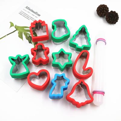 China 11 Pieces Stainless Steel Cookie Cutter Viable Frozen Colorful Cookie Mold Christmas Tree Heart Star Shape Plastic Baking Cake Tool Biscui for sale