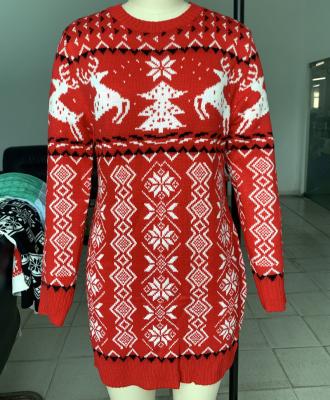 China Anti-Wrinkle Women's Snowflake Long Sleeve Ugly Christmas Sweaters Stock Sweater Snow Long Acrylic Clothing Dress for sale