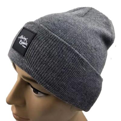 China Heather Gray Acrylic/Wool COMMON Beanie Hat With Leather Patch Custom Logo for sale