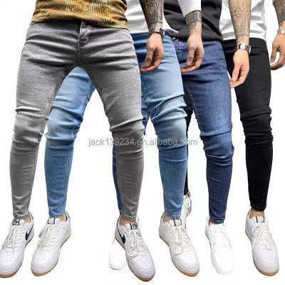 China 2022 custom QUICK DRY rhinestone denim zipper men's slim straight jeans striped side men's jeans for sale