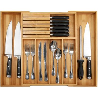 China Contemporary Wholesale Adjustable Retractable Bamboo Kitchen Utensil Cutlery Knife Storage Box for sale