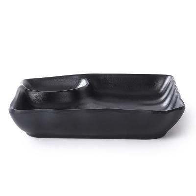 China Sustainable China factory supplies black melamine tableware two compartment plates creative personalized fries sushi snack plates for sale