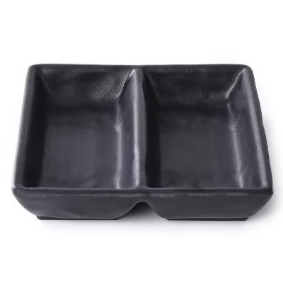 China Sustainable Made in China custom shape logo black plastic melamine tableware restaurant two compartment platter seasoning saucer for sale