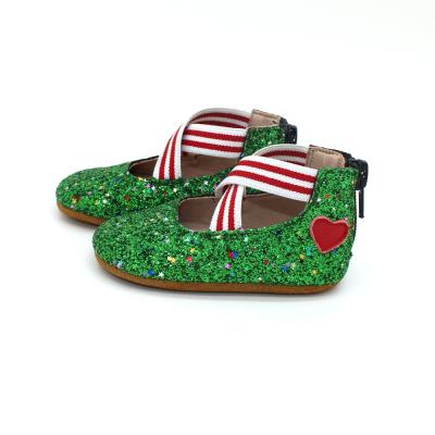 China 2020 Breathable Sole Soft Glitter PU Green Shoes Christmas Baby Shoes for sale