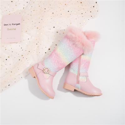 China 2021 Fashion Rainbow Glitter Kids Girls Fur Western Boots High Long for sale