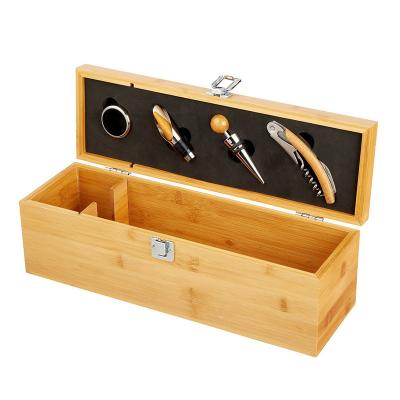 China 2020 New Wine Bamboo Wooden Box Contemporary Perfect Bottle Place 4 Pieces Wine Packaging Tools Gift Box Wine Set for sale