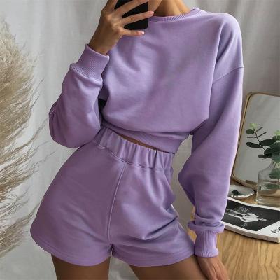 China Casual Women Anti-Pilling Long Sleeve O Neck Two Piece Set Teams Autumn Short Hoodies Sweatshirt Shorts Sets for sale