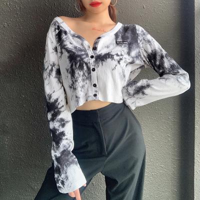 China Anti-Wrinkle Tie Dye Printing Streetwear Crop Tops Harajuku Women Shirts Buttons Casual Cardigan Knitted Top Clothes for sale