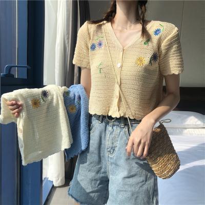 China Anti-Wrinkle Knit Floral Embroidery Tops Women's Shirt Women Cardigan Tops Summer Button Up Shirts Women for sale