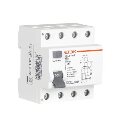 China 2P 1P+N 3P+N 4P 25A 40A 63A 100A 30MA 300mA ETEK EKL6-100B Type B RCCB RCD 10kA for sale