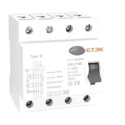 China ETEK EKL1-63B 3P+N 4P 63A 30mA 300mA Type B RCD RCCB With VDE 10kA CB Test Report for sale