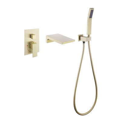 China Without Slide Bar Waterfall Bathroom Wall Exposed Brushed Finish Gold Bath Faucet With Hand Shower for sale