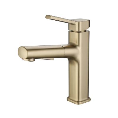 China Metered Faucets New Model 3 Mode Pull Out Basin Faucet Golden Bathroom Small Rotatable Faucet for sale