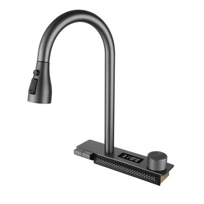 China Sense Faucets Black Digital Display Brass 360 Degree Spout Kitchen Faucet With Pull Down Sprayer Kitchen Sink Waterfall Faucet Pull Out for sale