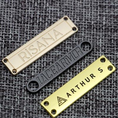 China Sustainable Garment Jeans Accessories Bags Hat Shoe Scarves Embossed Logo Brand Gold Metal Tags Custom Metal Apparel Label For Scarf for sale