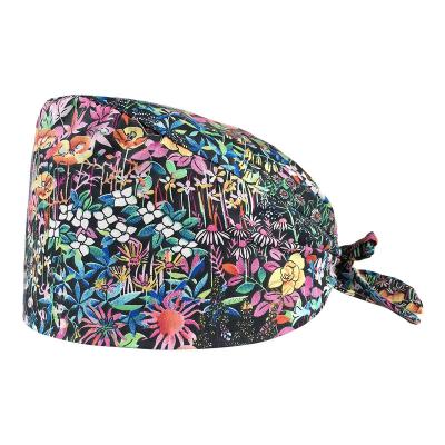 China Floral Hospital Soft Hat Printing Nurse Wrap Sweat-absorbent Head Towel Surgical Pure Cotton Anti-dirty Hat With Button Scrub Hat for sale