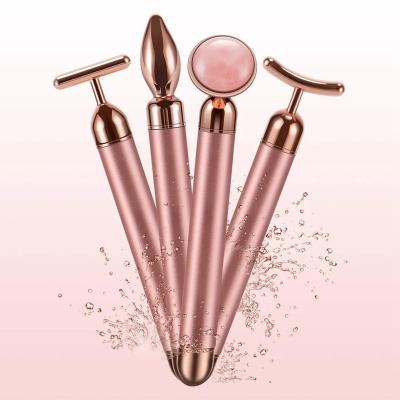 China Eco-friendly Battery Electric 3D Beauty Face Roller Tool 4 in 1 Set Metal Rose Quartz Facial Roller Beauty Bar for sale