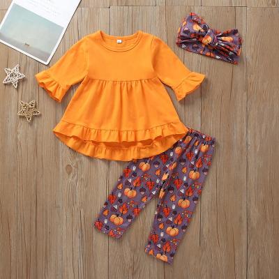 China Breathable Girl Ruffled Flower Pants Five Quarter Sleeves Top Headband 3 Piece Baby Halloween Clothes Set for sale