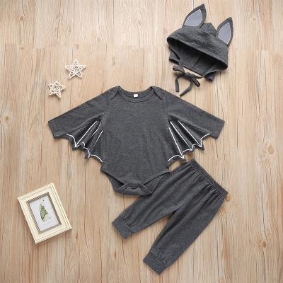 China Breathable 3 Piece Set Toddler Gray Hat Long Sleeve Romper Pants Bats Design Baby Boy Halloween Clothes for sale