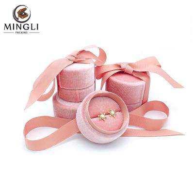 China OEM+ODM+Wholesale Mingli Size Jewelry Boxes Wholesale Custom Luxury Double Round Velvet Mini Small Pink Logo Ring Box for sale