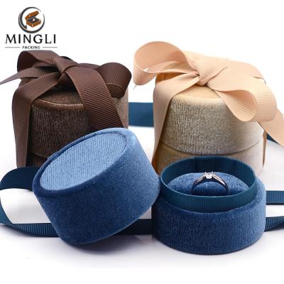 China Proposal Luxury Wedding Ring Box Velvet Round Box Ring Box Custom Romantic Jewelry Box With Ribbon for sale