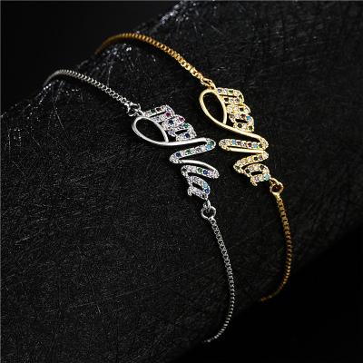 China MOM Colorful Punk 2022 New Design Crystal Rhinestone Bracelets 18K Gold Plated CZ Letter Bracelet For Mother's Day Gift for sale