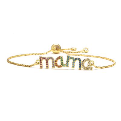 China Hot Selling Punk Adjustable Fashion Gold Color Mom Letter Charm Paved Rainbow Zirconia Bracelet For Female Mother's Day Gift for sale