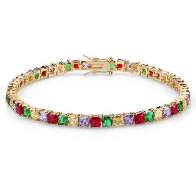 China Hip Hop Punk Micro Pave Square Rainbow Zirconia Gold CZ Tennis Bracelet For Women Girl for sale