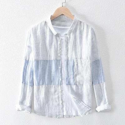 China #837Wholesale Men's Anti-Pilling Long Sleeve Striped Shirt Quilted Casual Mesh Blouse Tops Sheer Linen Shirts for sale