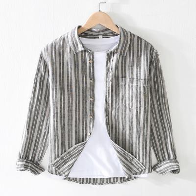 China Anti-pilling #226 Autumn New Men's Casual Loose Long Sleeve Blouse Tops Shirt Fashion Vertical Stripes Canvas Shirts Men for sale