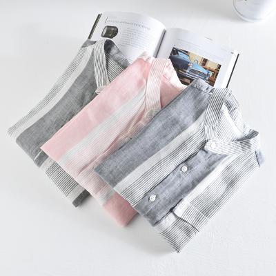 China #859 Autumn New Arrival Mens Striped Cotton Blend Canvas Anti-pilling Shirts 3/4 Sleeve Button Down Top Blouse for sale