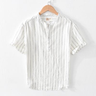 China #8061 High Quality Anti-Pilling Men's Casual Striped 100% Canvas Shirt Short Sleeve Tops Mens T-Shirts for sale