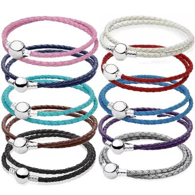 China 1:1 925 Punks Silver Leather Rope Double Buckle Bracelet Collection From PandoraER for sale