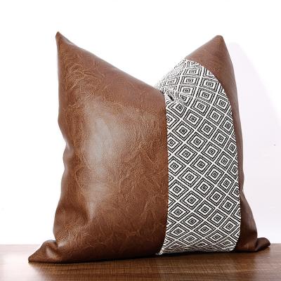 China Plain Amazon PU Patchwork Best Selling Decorative Cushion Cover Brown Leather Cojines Pillow Cover Home Decorative for sale