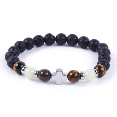 China Tiger Eye Bead Black Lava Stone Beaded Luminous Hematite Cross Handmade Casual/Sports Bracelets From Hongyu Manufactory Wholesale New Fashion for sale