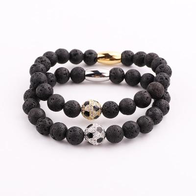 China Hongyu New Fashion Gemstone Bracelet CLASSIC Lava Beads CZ pave soccer charm elastic bead natural stone soccer ball bracelet for sale