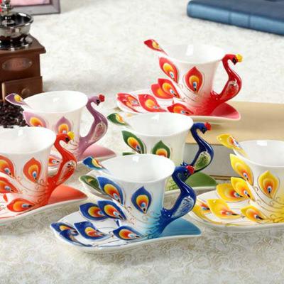 China Sustainable Sustainable Peacock Shaped Design Ceramic Coffee Mug With Saucer for sale