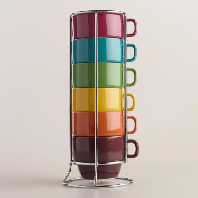 China Customized Viable Ceramic Stackable Coffee Mug With Metal Rack Stand Holder Chrome Grid for sale