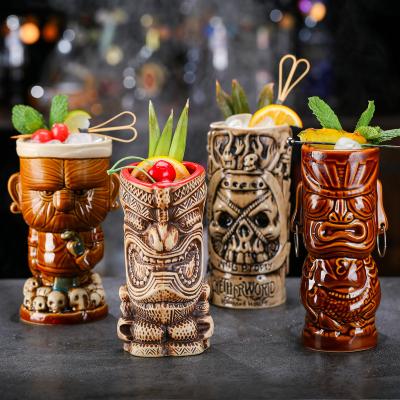 China Wholesale Viable Viable 3D Relief Embossed High Quality Customized Ceramic Tiki Mug Cocktail Tiki Mug Set for sale