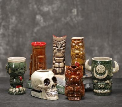 China Sustainable Sustainable High Quality Relief 3D Embossed Fancy Hawaii Customized Ceramic Cocktail Tiki Mug for sale